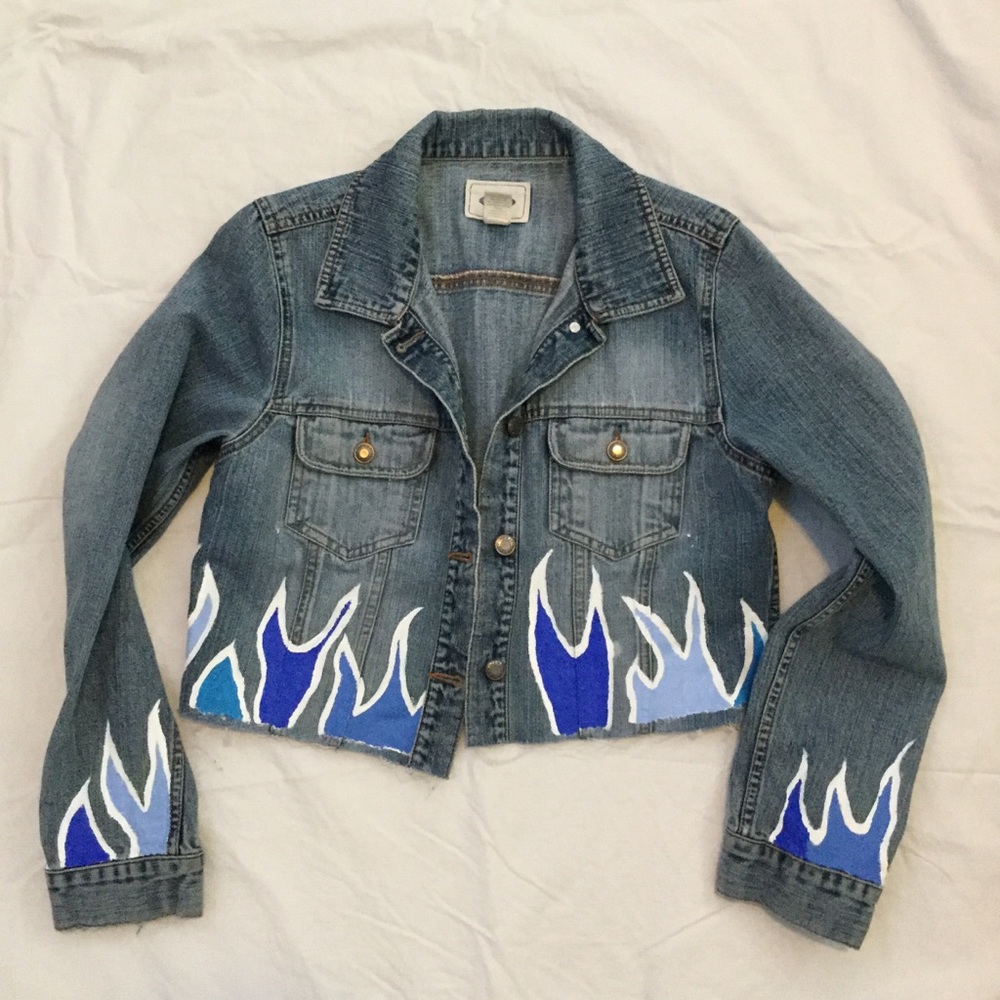 Hand Painted Jean Jacket with Flame Design